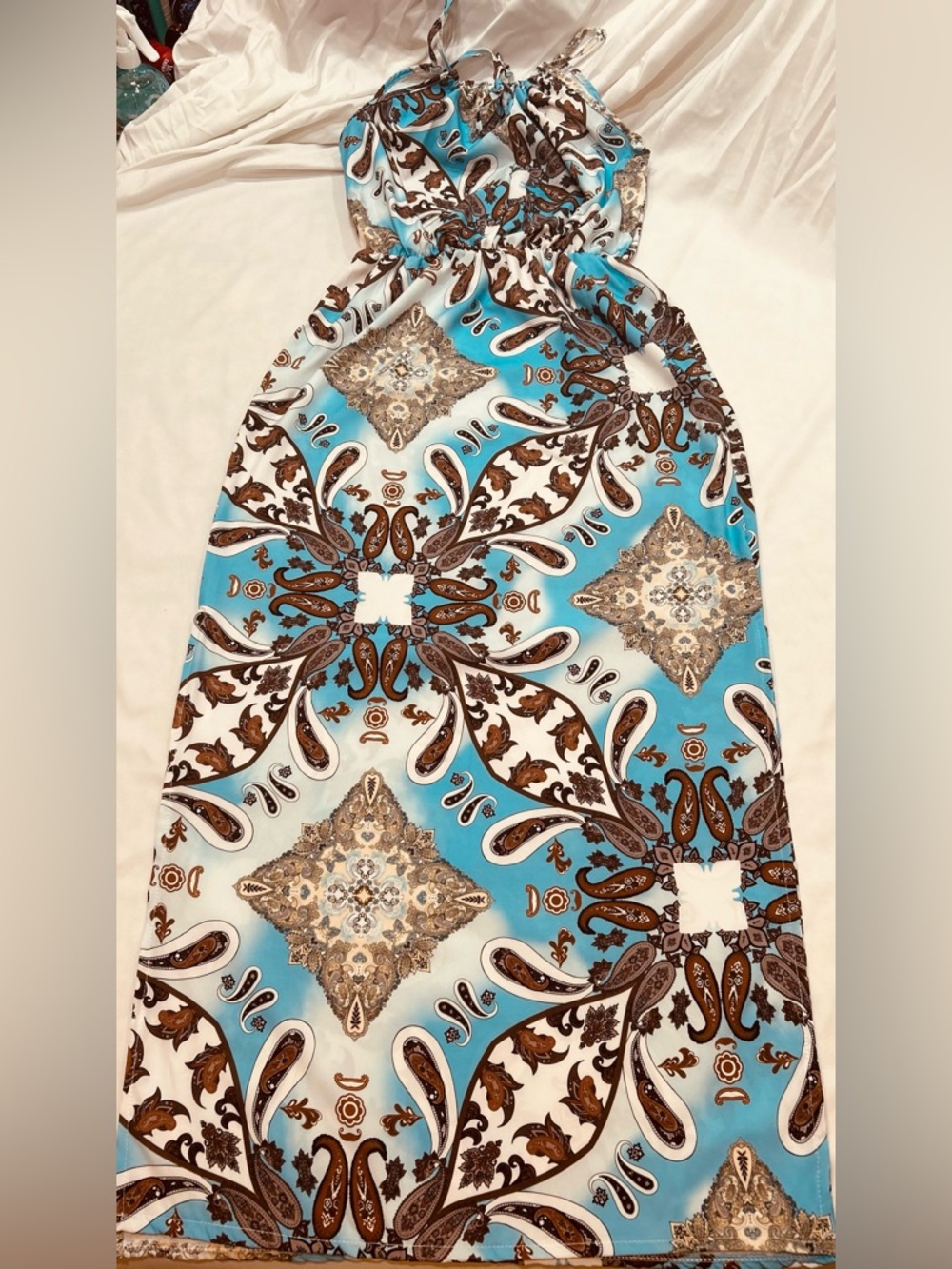 Bohemian Blue Brown Paisley Tile Print Halter Maxi Dress Summer Beach Size Small